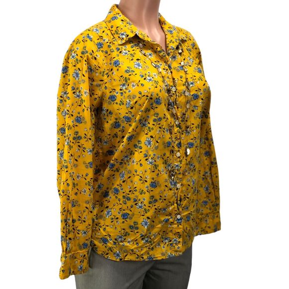 Old Navy Casual Women Flowers Shirt Size M Yellow Blue Long Sleeve Butt… - Picture 9 of 11